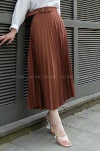 Tan Viscose Fabric Unprinted Pleated Skirt