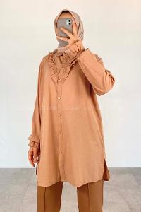 Brown With Milk Shirt Collar Long Arm Cotton Unprinted Shirt