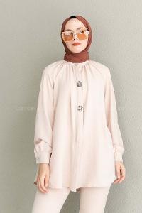 Beige Mandarin Collar Long Arm Ayrobin Unprinted Shirt