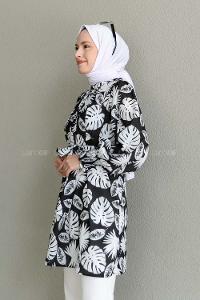 Black Mandarin Collar Viscose Fabric Printed Tunic