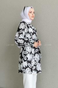 Black Mandarin Collar Viscose Fabric Printed Tunic