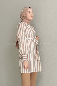 Brown With Milk Mandarin Collar Viscose Fabric Printed Tunic