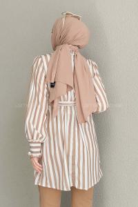 Brown With Milk Mandarin Collar Viscose Fabric Printed Tunic