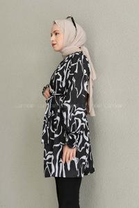 Black Mandarin Collar Viscose Fabric Printed Tunic