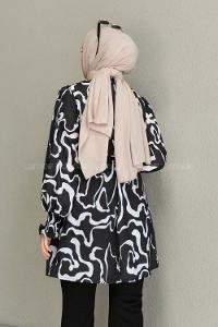 Black Mandarin Collar Viscose Fabric Printed Tunic