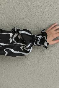 Black Mandarin Collar Viscose Fabric Printed Tunic