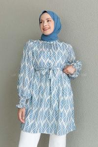 Blue Mandarin Collar Viscose Fabric Printed Tunic