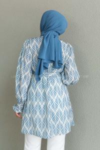 Blue Mandarin Collar Viscose Fabric Printed Tunic