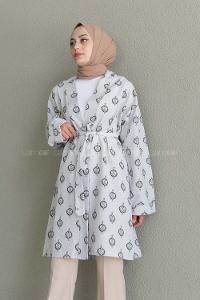 Black Long Arm Without Accessories Linen Printed Kimono