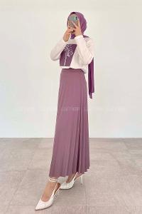 Lilac Crew Neck Long Arm Without Accessories Viscose Fabric Pleated Suit