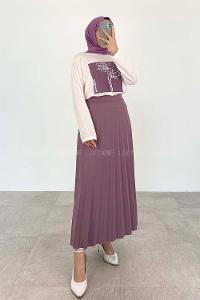 Lilac Crew Neck Long Arm Without Accessories Viscose Fabric Pleated Suit