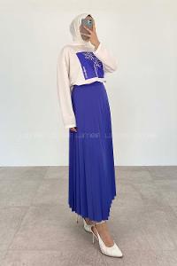 Purble Crew Neck Long Arm Without Accessories Viscose Fabric Pleated Suit