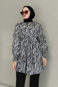 Black Mandarin Collar Viscose Fabric Printed Tunic