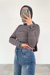 Lamelif Bisiklet Yaka Çizgili Body Siyah Beyaz