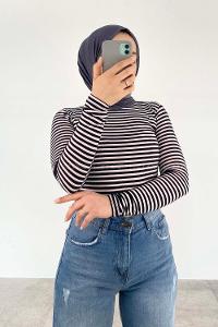 Lamelif Bisiklet Yaka Çizgili Body Siyah Beyaz