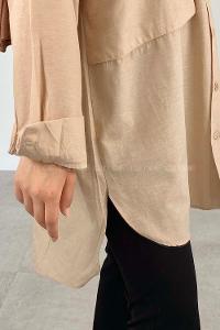 Beige Shirt Collar Cotton Unprinted Tunic