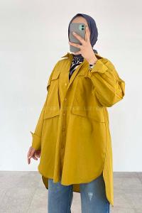 Ocher Shirt Collar Cotton Unprinted Tunic