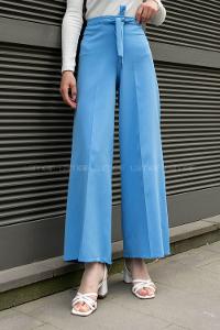 Blue Crepe Fabric High Waist Material Pants