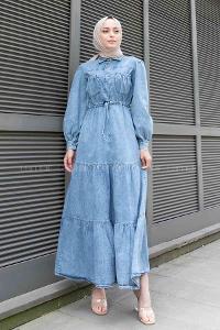 Denim Blue Shirt Collar Denim Unprinted Dresess