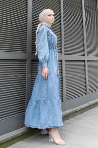 Denim Blue Shirt Collar Denim Unprinted Dresess