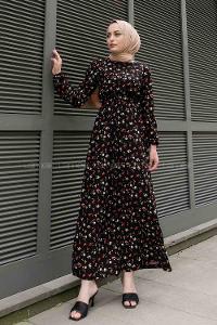 Black Red Crew Neck Crepe Fabric Printed Dresess