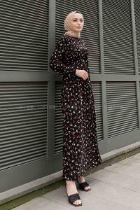 Black Red Crew Neck Crepe Fabric Printed Dresess