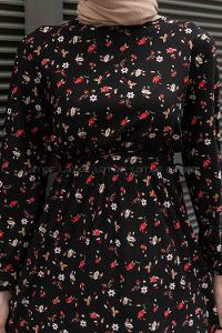 Black Red Crew Neck Crepe Fabric Printed Dresess