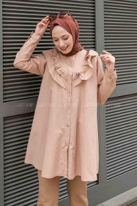 Brown With Milk Shirt Collar Long Arm Cotton Unprinted Shirt