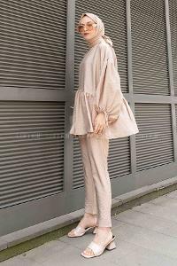 Beige Crew Neck Balloon Sleeve Arm Without Accessories Viscose Fabric Regular Trousers Comfortable Suit