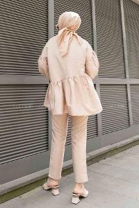 Beige Crew Neck Balloon Sleeve Arm Without Accessories Viscose Fabric Regular Trousers Comfortable Suit