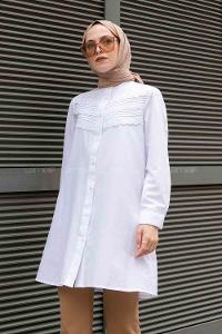White Mandarin Collar Long Arm Cotton Unprinted Shirt