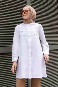 White Mandarin Collar Long Arm Cotton Unprinted Shirt