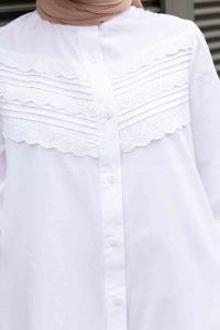 White Mandarin Collar Long Arm Cotton Unprinted Shirt