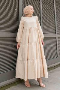 Beige Crew Neck Cotton Unprinted Dresess