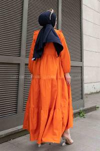 Orange Crew Neck Cotton Unprinted Dresess