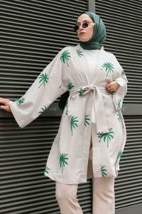 Emerald Green Long Arm Belted Linen Printed Kimono