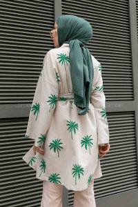 Emerald Green Long Arm Belted Linen Printed Kimono