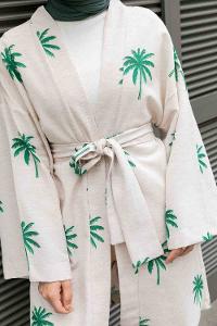 Emerald Green Long Arm Belted Linen Printed Kimono