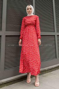 Red Crew Neck Crepe Fabric Printed Dresess