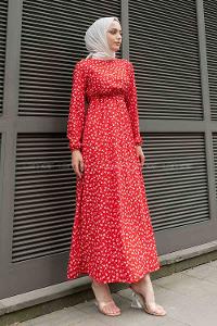 Red Crew Neck Crepe Fabric Printed Dresess