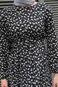 Black Crew Neck Crepe Fabric Printed Dresess