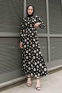 Black Crew Neck Crepe Fabric Printed Dresess