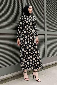 Black Crew Neck Crepe Fabric Printed Dresess