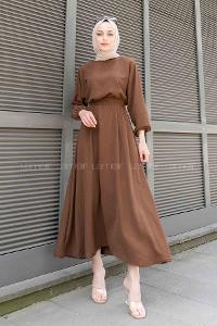 Dark Brown Crew Neck Acrylic Unprinted Dresess