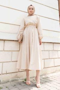 Stone Medium Crew Neck Linen Unprinted Dresess