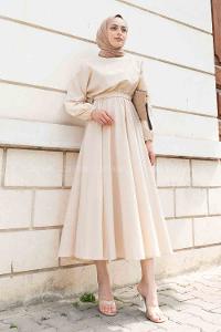 Stone Medium Crew Neck Linen Unprinted Dresess