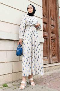 Indigo Crew Neck Linen Printed Dresess