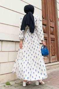 Indigo Crew Neck Linen Printed Dresess