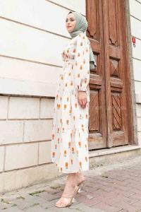 Orange Crew Neck Linen Printed Dresess