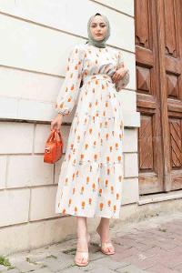 Orange Crew Neck Linen Printed Dresess